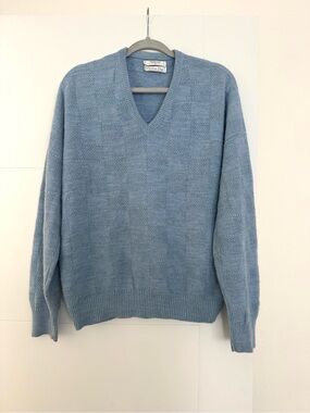 Vintage Christian Dior Sweater Mens Large Blu V Neck Check Knit Pullover USA 80s